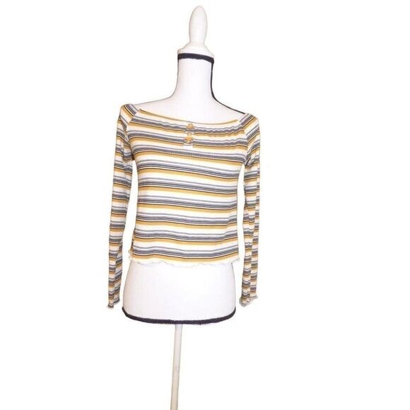 $34.00 Ultra Flirt Junior’s Striped Over the Shoulder Cropped Tee XL Mustard - Picture 1 of 6